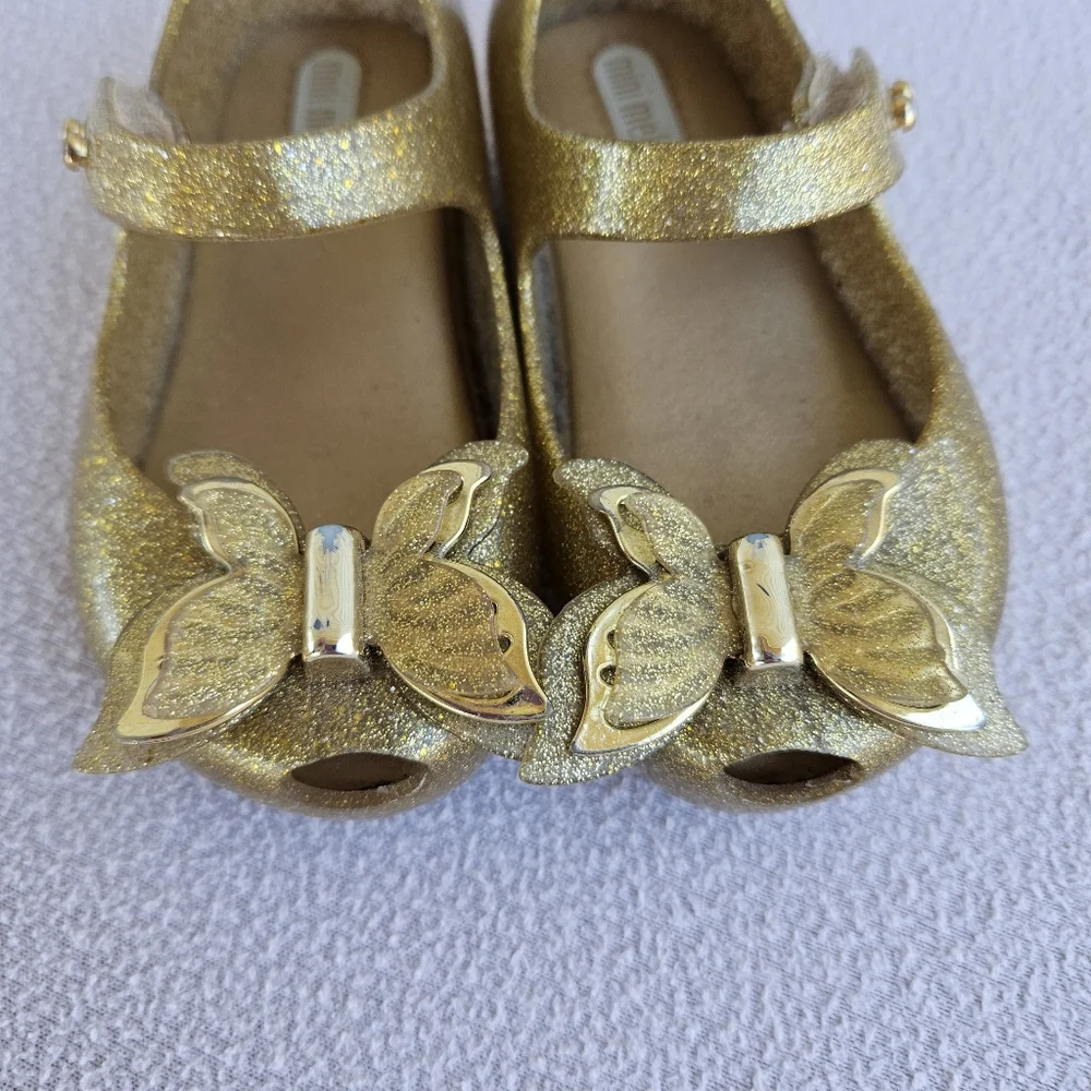 Mini Melissa Ultragirl Butterfly Gold Mary Jane Jelly Flats SZ 6 Hook & Loop